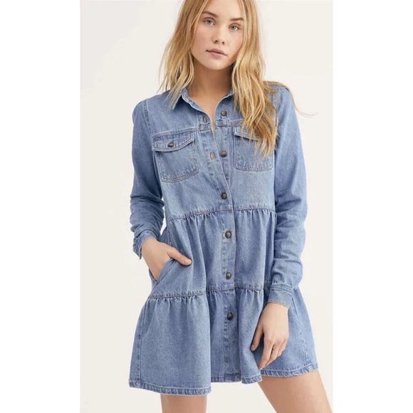 Free People Dresses & Skirts - Free People Nicole Denim Jean Tiered Babydoll Washed Shirtdress Sz M